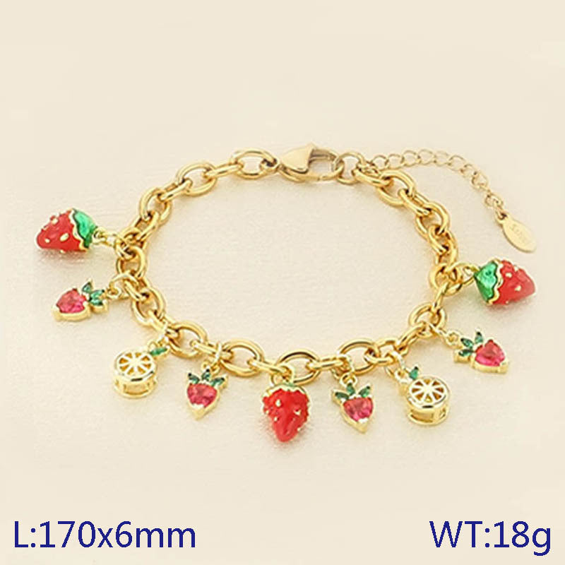Cross-border fresh pastoral fruit series zircon strawberry durian cherry apple pendant stainless steel chain bracelet