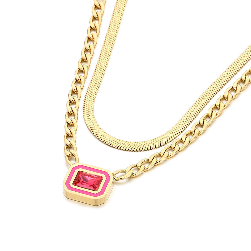 Gold Layered Chain Necklace with Square Gem Pendant