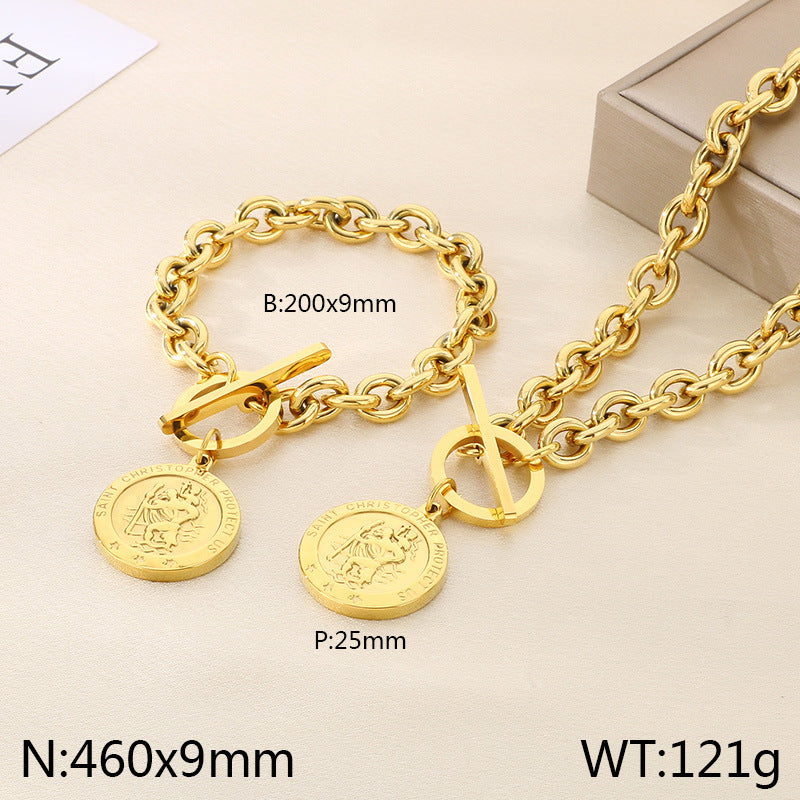 European and American fashion personalized retro portrait tree round brand stainless steel pendant chain high-end temperament set jewelry