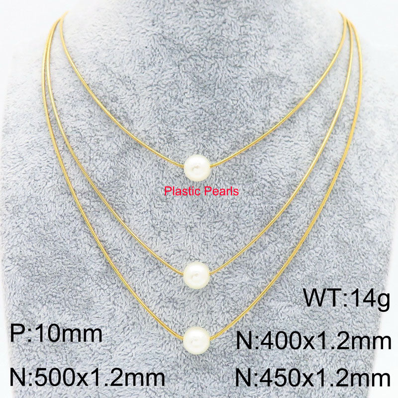 Cold wind high-grade titanium steel three-layer stacking wearing wind comes and goes round beads pearl titanium steel snake bone chain necklace necklace item decoration