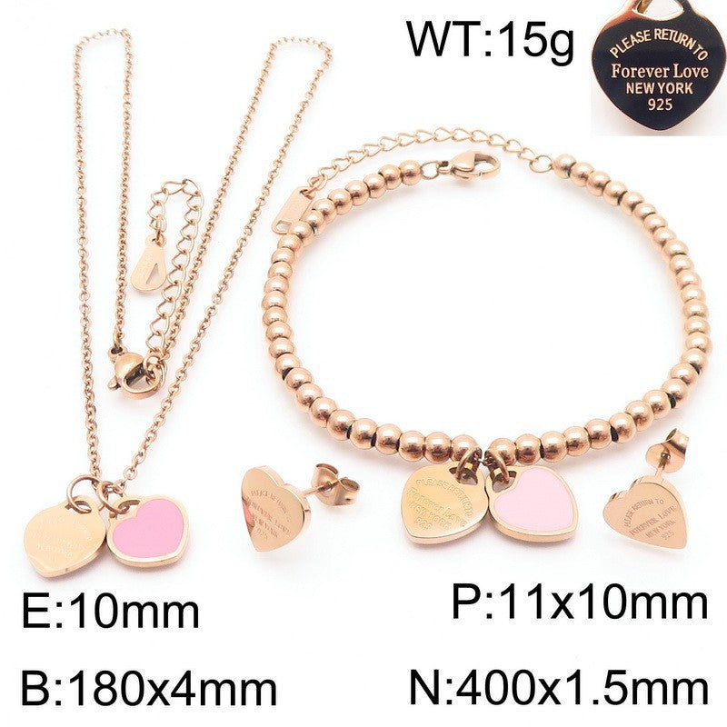Gold Heart Charm Jewelry Set with Green Enamel Pendant