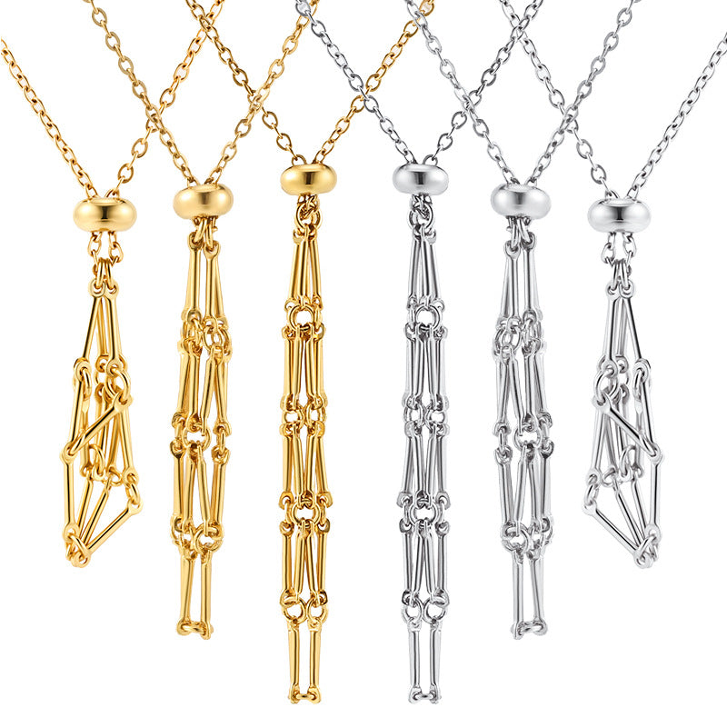 European and American cross-border stainless steel high-end bamboo necklace woven mesh pocket adjustment chain pendant mesh pocket halterneck jewelry