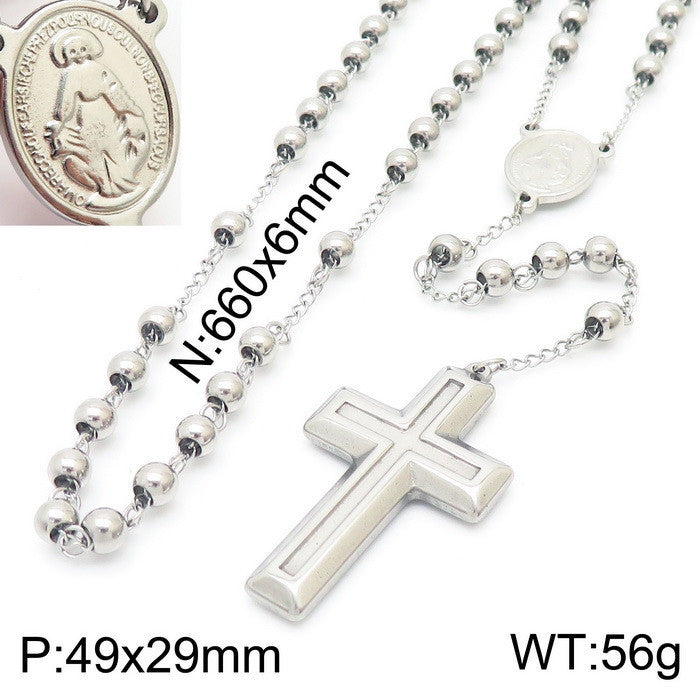 Cross-border European and American ins stainless steel niche design cross retro round bead necklace titanium steel collarbone chain necklace decoration women