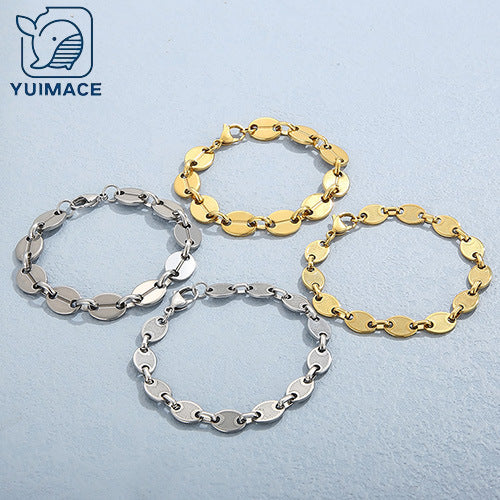 Simple high-end sense versatile fashion coffee bean pig nose stainless steel plated 18K gold titanium steel bracelet spot