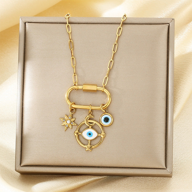 Creative Fashion Personality Stainless Steel Star Moon Element Devil's Eye Oil Drip Pendant Item Ornament Collarbone Chain Necklace Jewelry