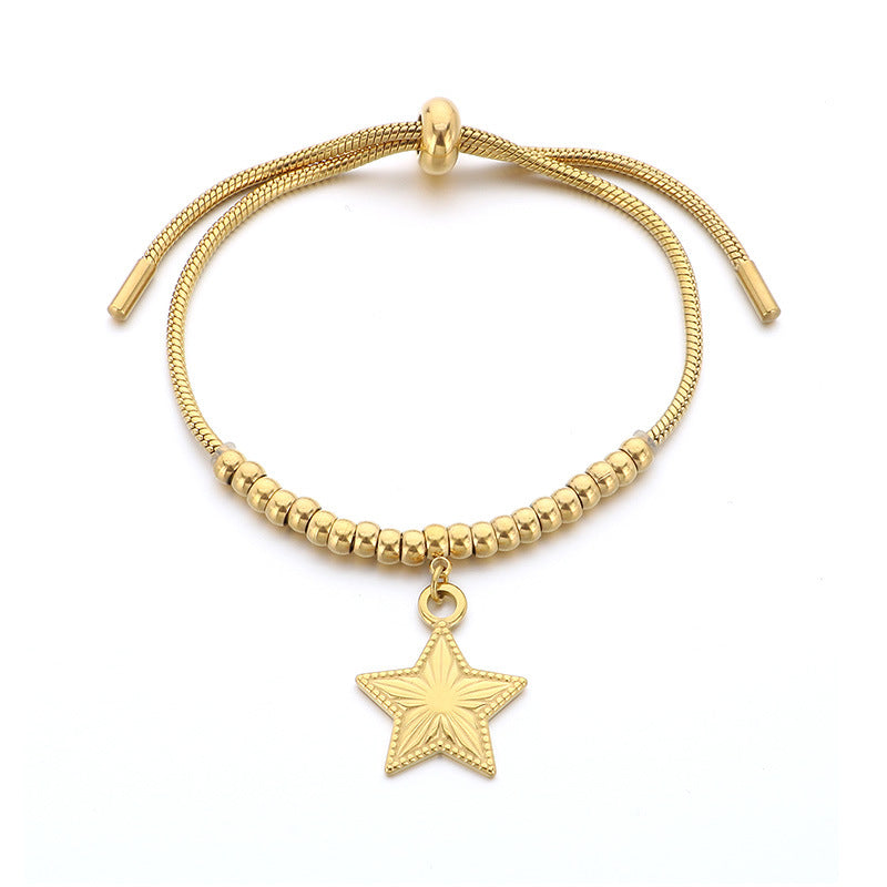 ins Fashion Versatile Pentagram Moon Stainless Steel Pendant Beaded Pulling Rope Adjustable Bracelet Titanium Steel Jewelry