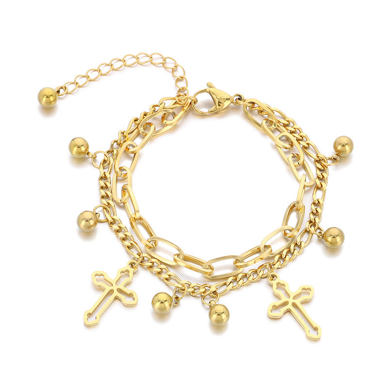 Simple and versatile ins wind double-layer stacked chain cross pendant stainless steel bracelet titanium steel jewelry