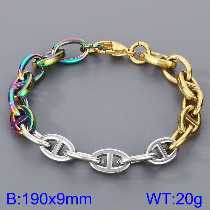 Simple ins stainless steel Japanese pig nose chain bracelet creative cool wind 9mm mixed color pig nose titanium steel bracelet