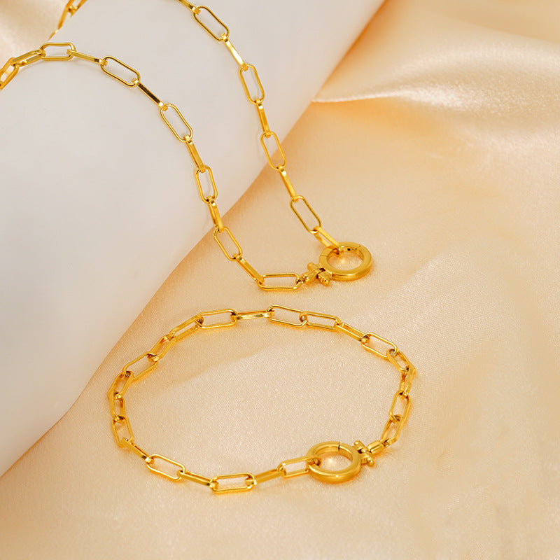 European and American ins style simple and atmospheric stainless steel necklace fashion niche paper clip bracelet 18k gold set