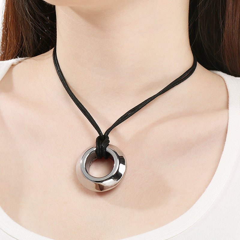 Cross-border retro hollow stainless steel ring pendant leather rope neck chain adjustable length necklace unisex necklace