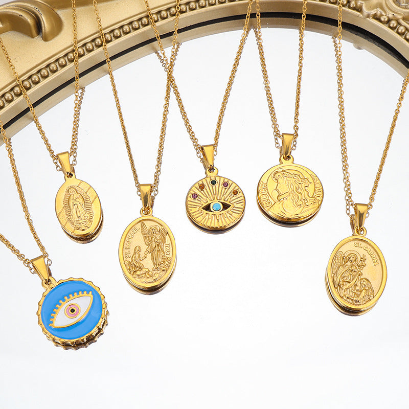 European and American cross-border blue diamond-encrusted eyes Virgin portrait pendant stainless steel retro tag DIY jewelry simple