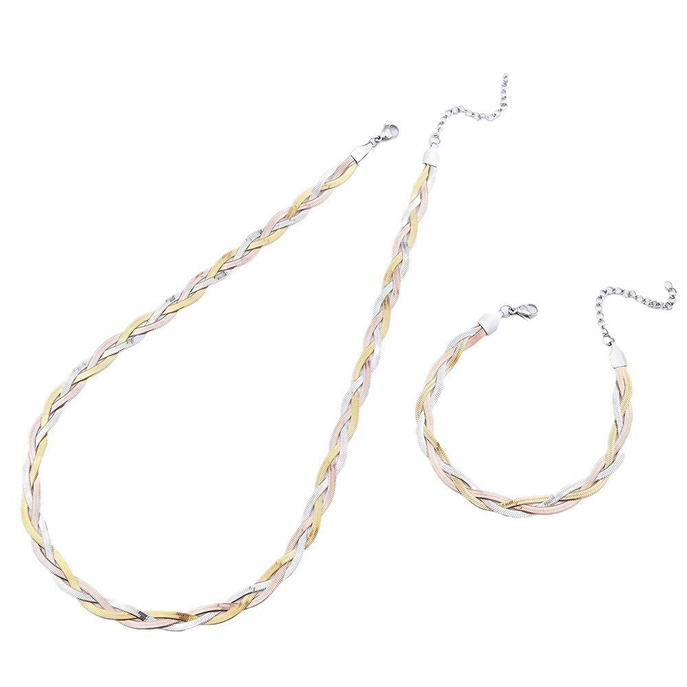 Cross-border three-layer woven stainless steel blade necklace set women's snake bone chain fashion simple color-blocking vintage bracelet