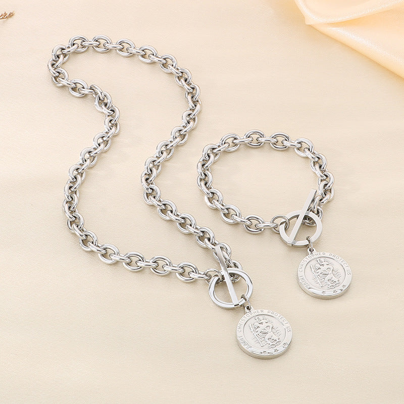 European and American fashion personalized retro portrait tree round brand stainless steel pendant chain high-end temperament set jewelry