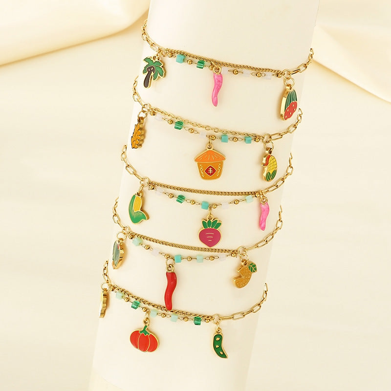 INS fresh and fashionable stainless steel double chain cartoon fruit pendant anklet titanium steel holiday jewelry foot decoration