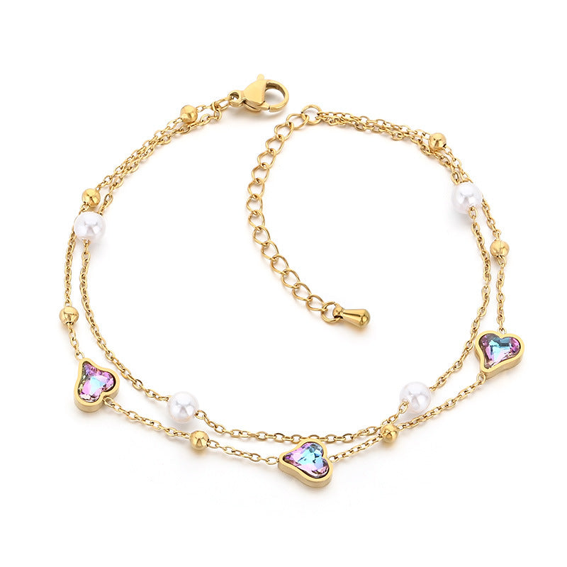 Gold Heart Crystal Double Chain Bracelet