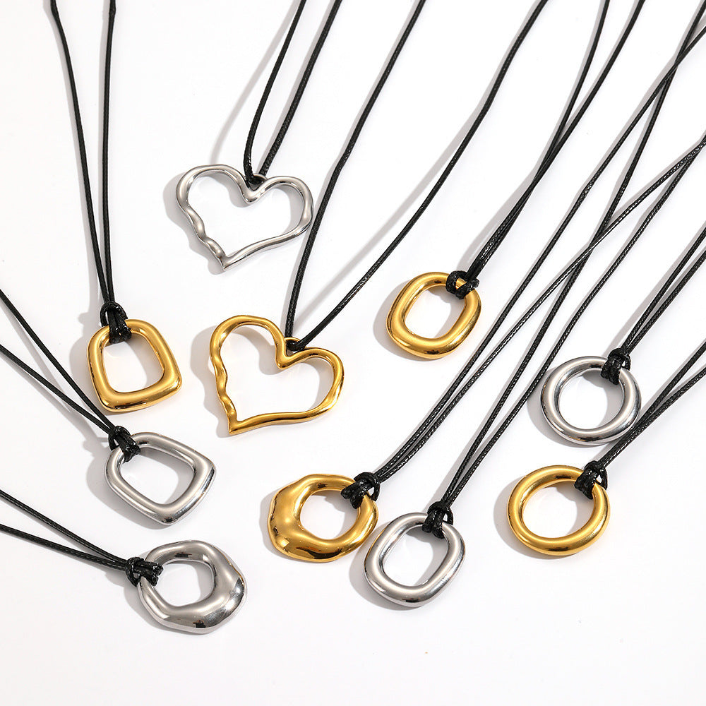 Cross-border European and American personalized retro wax rope sweater chain stainless steel heart-shaped O-shaped pendant long hollow necklace versatile