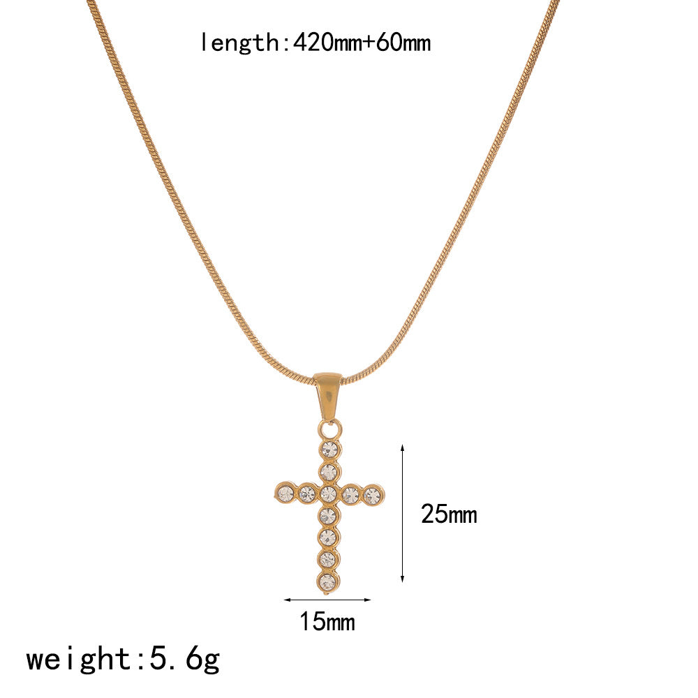 Cross-border new full diamond cross necklace European and American fashion temperament versatile stainless steel necklace collarbone chain jewelry