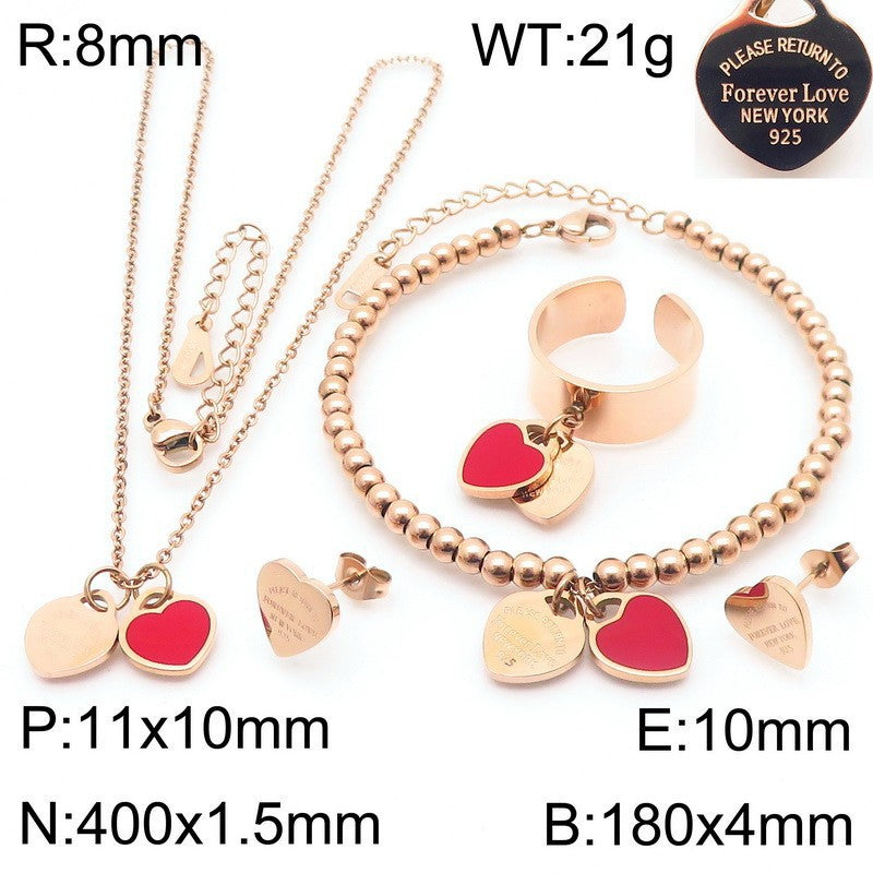 Gold Heart Charm Jewelry Set with Green Enamel Pendant