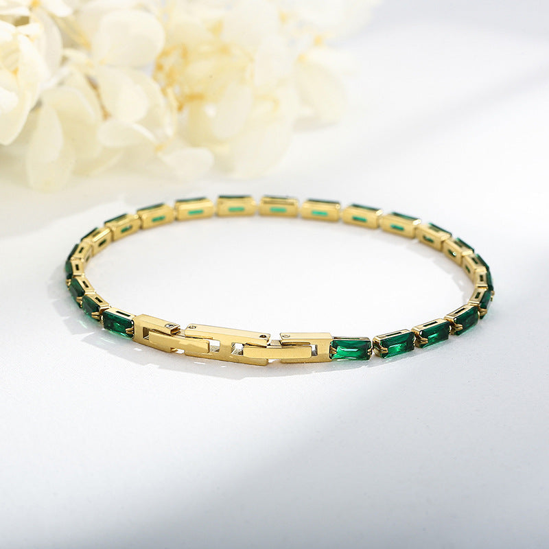 Light luxury Mori series simple and versatile color zircon bracelet female, fashionable titanium steel square chain splicing full diamond bracelet