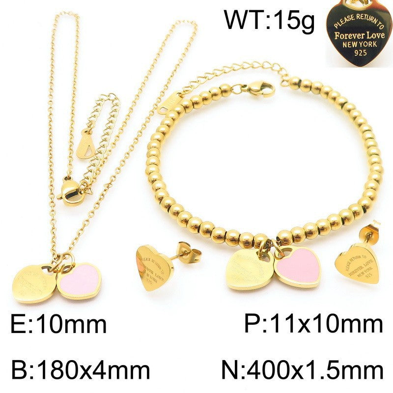 Gold Heart Charm Jewelry Set with Green Enamel Pendant