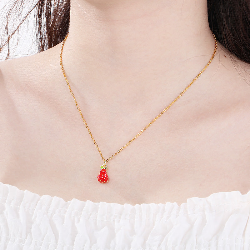 Mini Enamel Strawberry Charm Gold Necklace