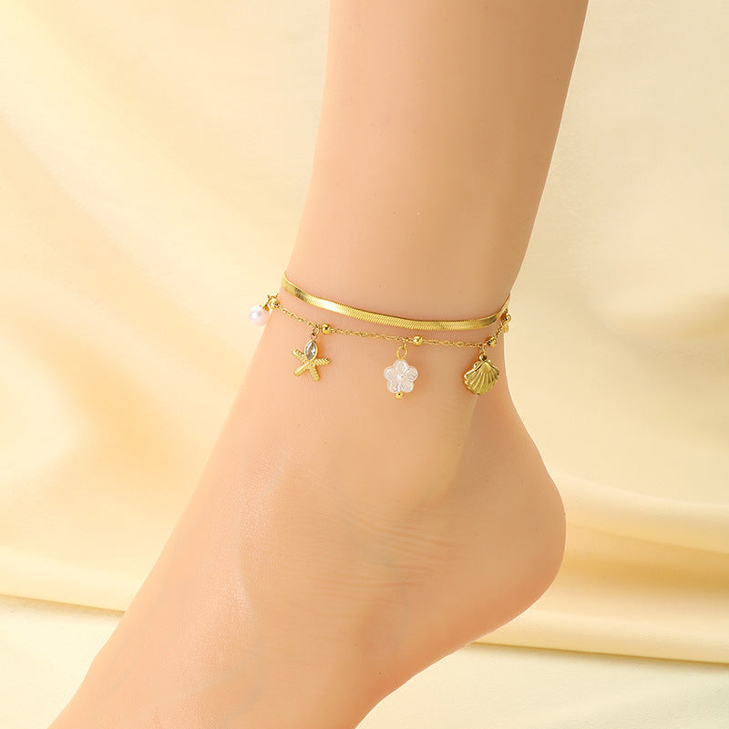 Summer seaside beach wind double stacked marine life starfish shell seahorse pendant stainless steel anklet foot decoration