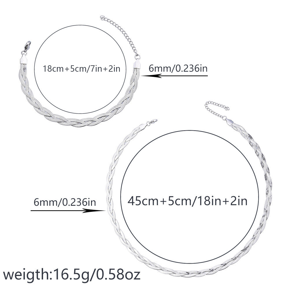 Cross-border three-layer woven stainless steel blade necklace set women's snake bone chain fashion simple color-blocking vintage bracelet