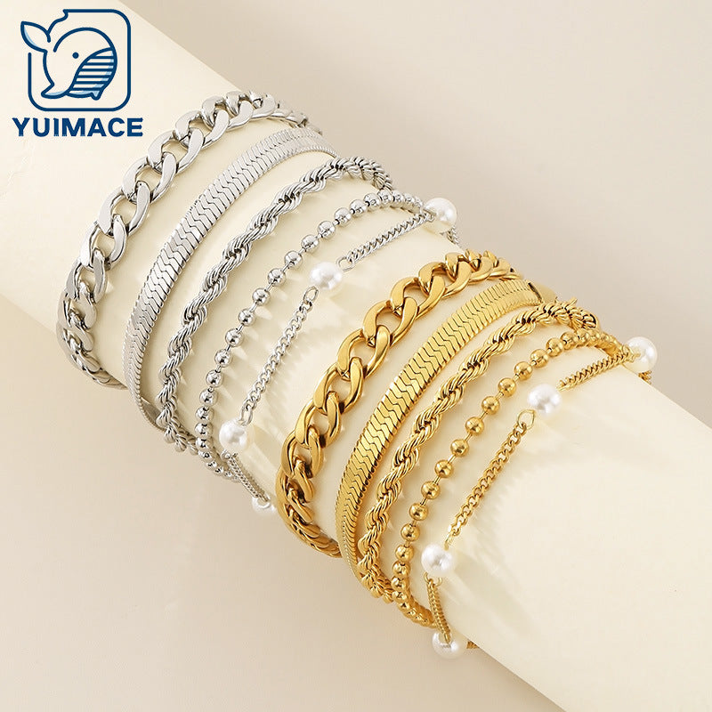 New creative and simple flat pearl flat snake twist chain round bead chain bracelet five-piece stacked bracelet jewelry