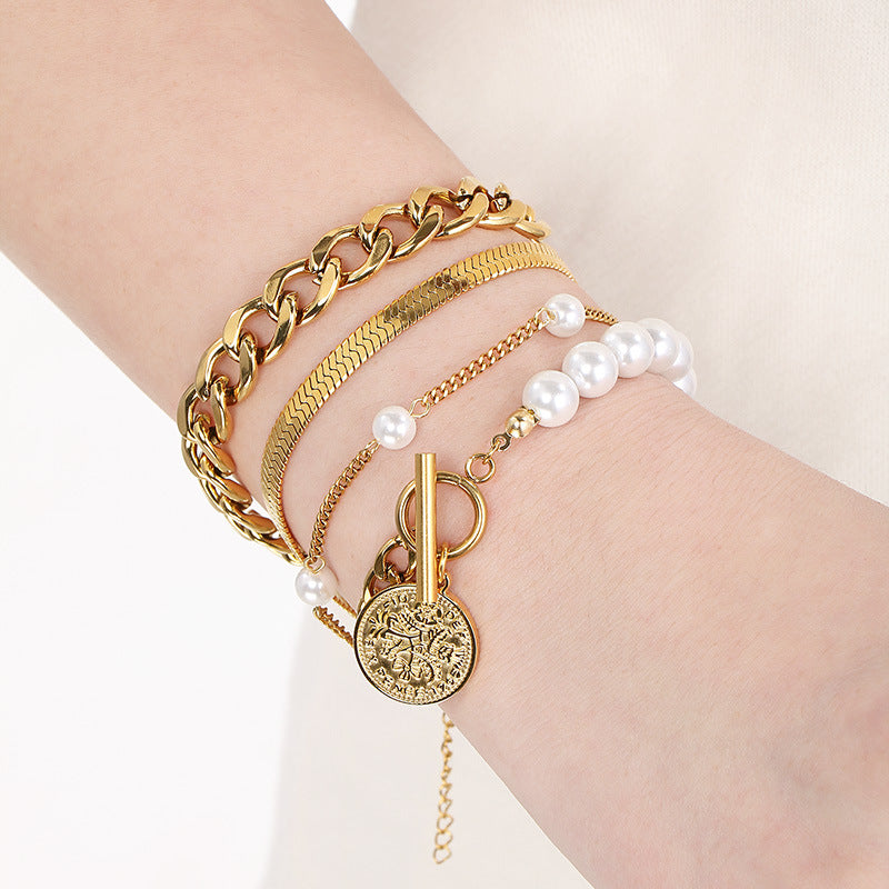 New products stacked with personalized splicing irregular Cuban snake bone chain bracelet four-piece fashionable stainless steel bracelet bracelet jewelry