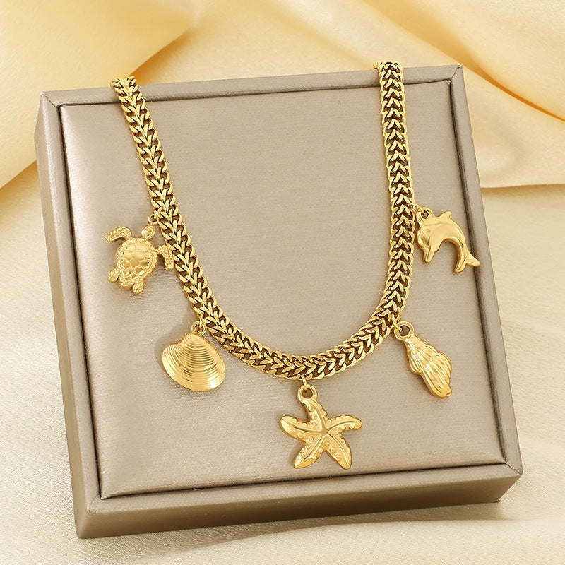 European and American cross-border niche personality 18K gold stainless steel double-layer side chain necklace female ocean wind versatile collarbone chain