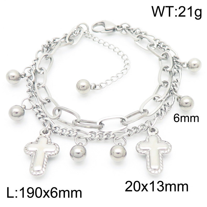 Simple and versatile ins wind double-layer stacked chain cross pendant stainless steel bracelet titanium steel jewelry