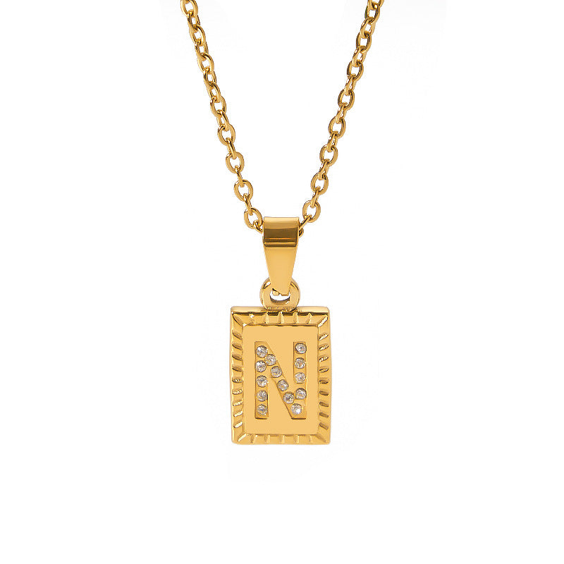 European and American cross-border high-end letter square pendant 18k gold inlaid zirconium letter pendant stainless steel necklace pendant female