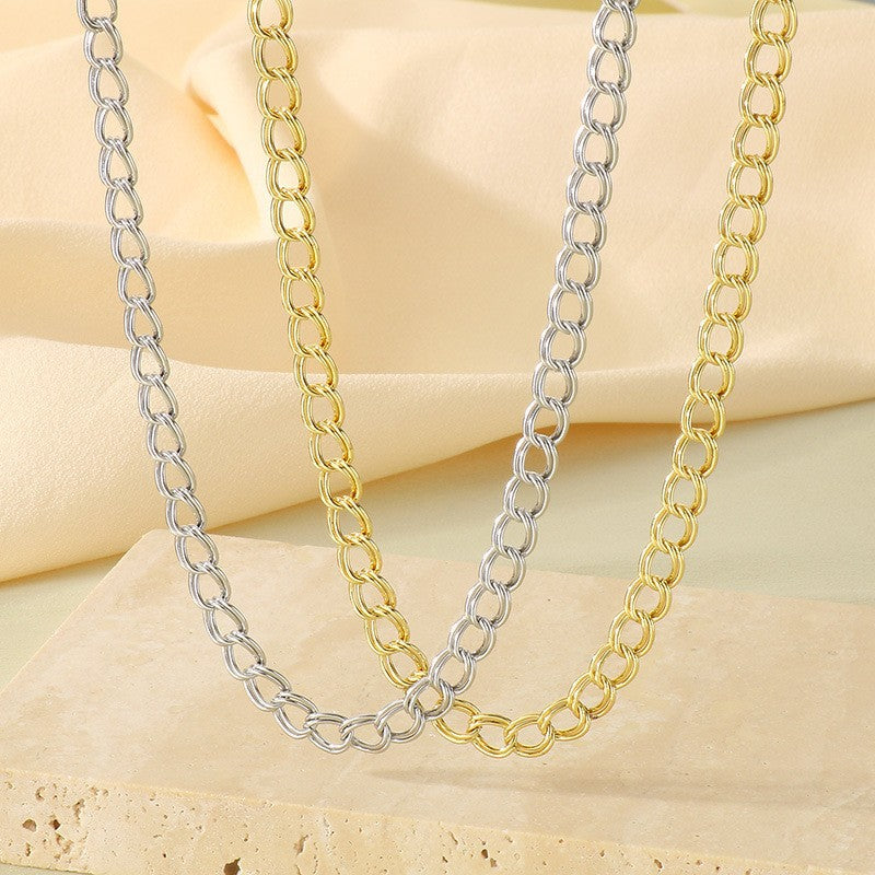 European and American cross-border jewelry stainless steel double-circle side chain women's INS style personalized hip-hop 18K gold collarbone chain necklace