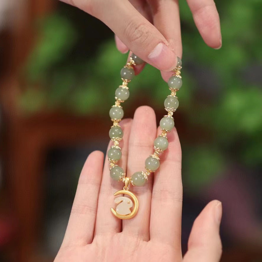 天然8MM和田玉圆珠单圈手链S925银镀金隔片两世欢手串