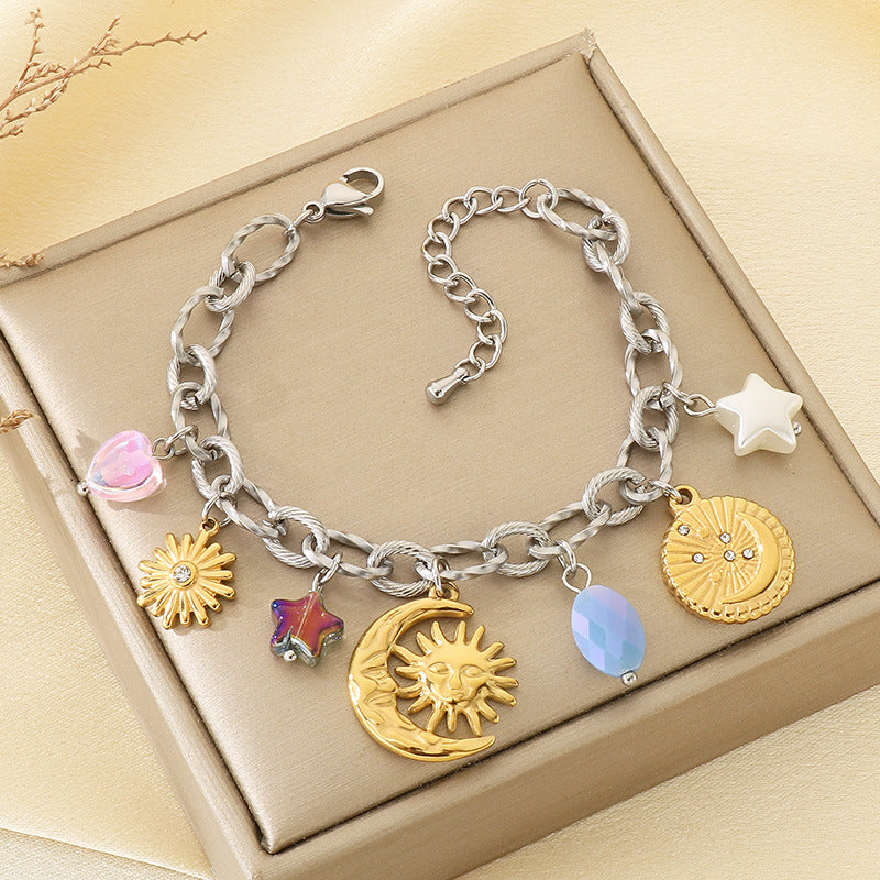 ins style high-end sense versatile 18K gold stainless steel star moon tulip chain versatile high-end sense bracelet for women