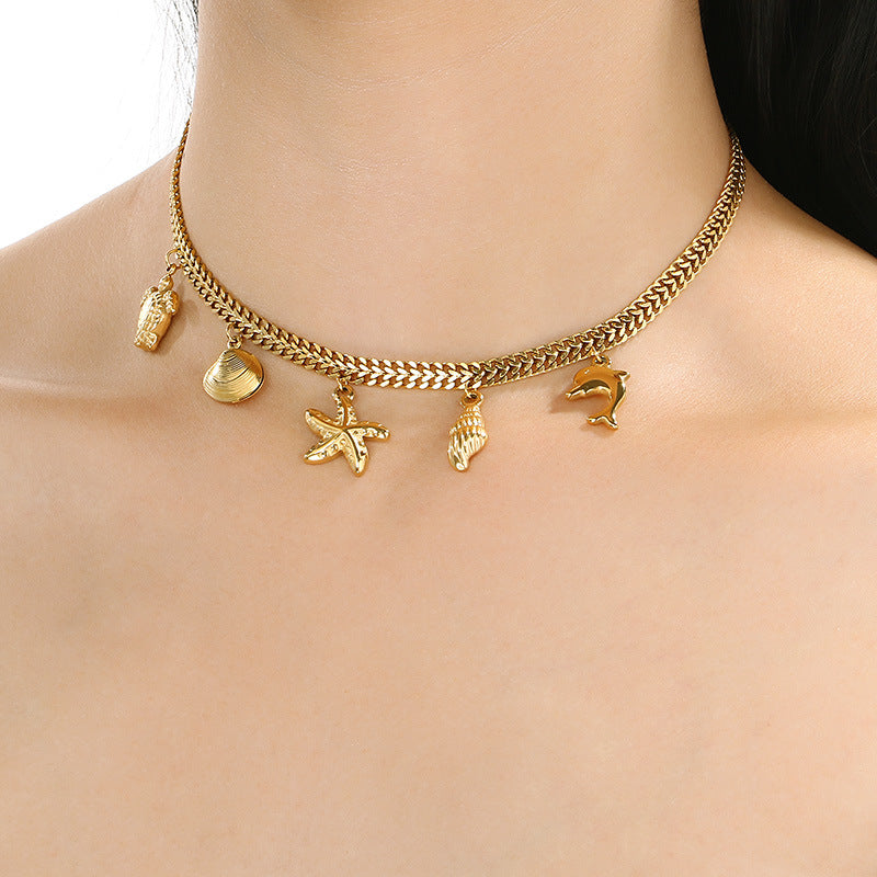 European and American cross-border niche personality 18K gold stainless steel double-layer side chain necklace female ocean wind versatile collarbone chain