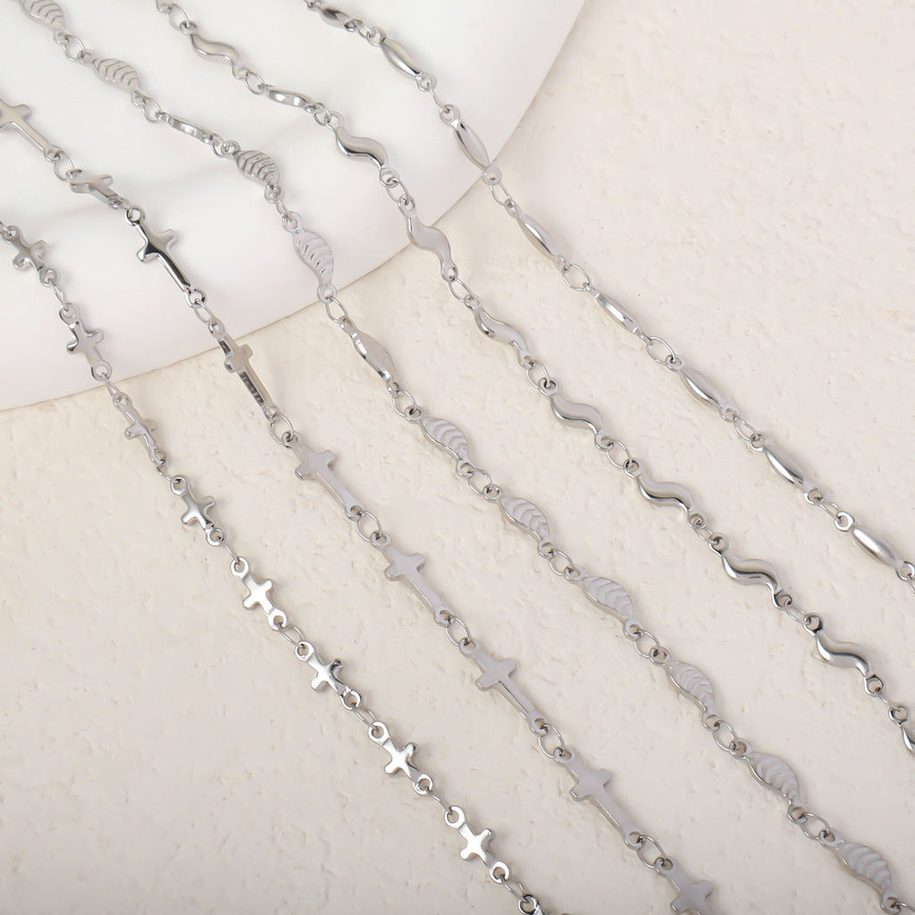 Cross-border stainless steel leaf wavy cross necklace, fashion creative DIY handmade chain jewelry accessories wholesale
