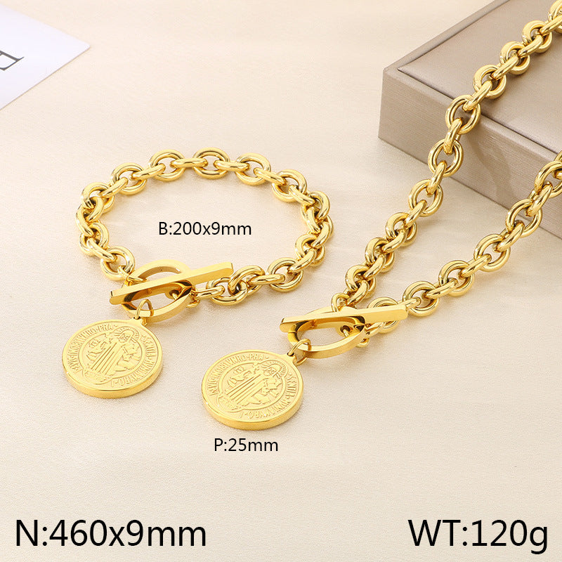 European and American fashion personalized retro portrait tree round brand stainless steel pendant chain high-end temperament set jewelry