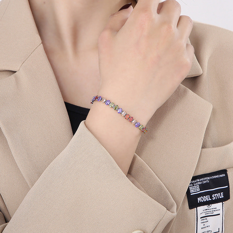 Light luxury Mori series simple and versatile color zircon bracelet female, fashionable titanium steel square chain splicing full diamond bracelet