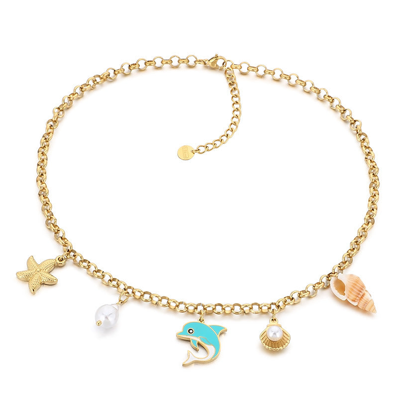 Gold Seashell & Dolphin Charm Necklace