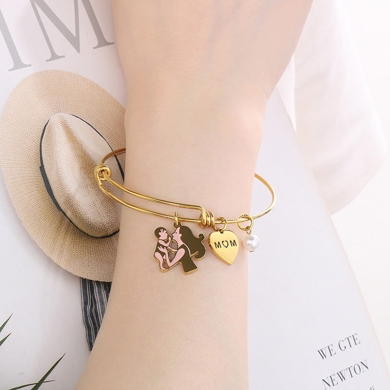 European and American cross-border family hand jewelry love retractable bracelet fashion creative stainless steel MOM Mother's Day gift