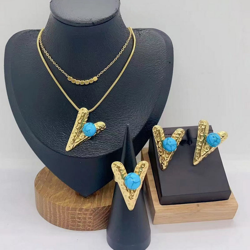 Amazon cross-border stainless steel set women's jewelry inlaid with pearl turquoise love pendant four-piece jewelry