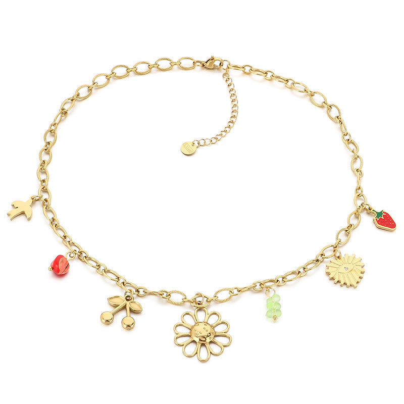 European and American cross-border jewelry sweet wind flower irregular necklace temperament small fresh fruit stainless steel collarbone chain women