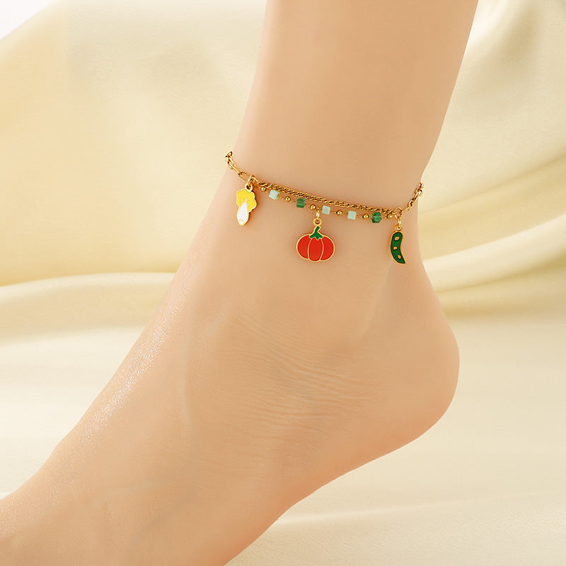 INS fresh and fashionable stainless steel double chain cartoon fruit pendant anklet titanium steel holiday jewelry foot decoration