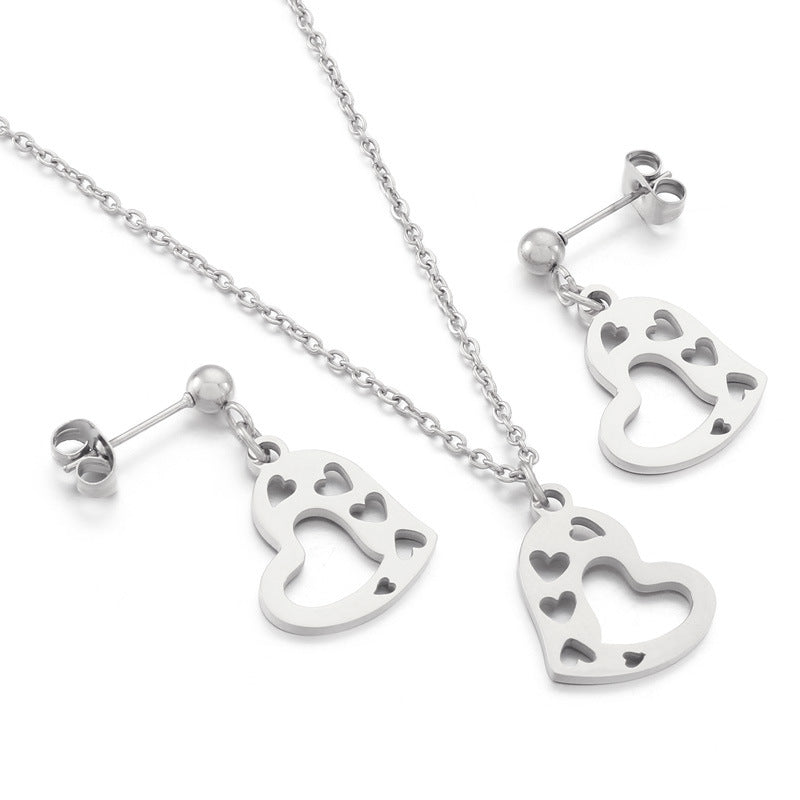 Stainless Steel Open Heart Necklace & Earrings Set