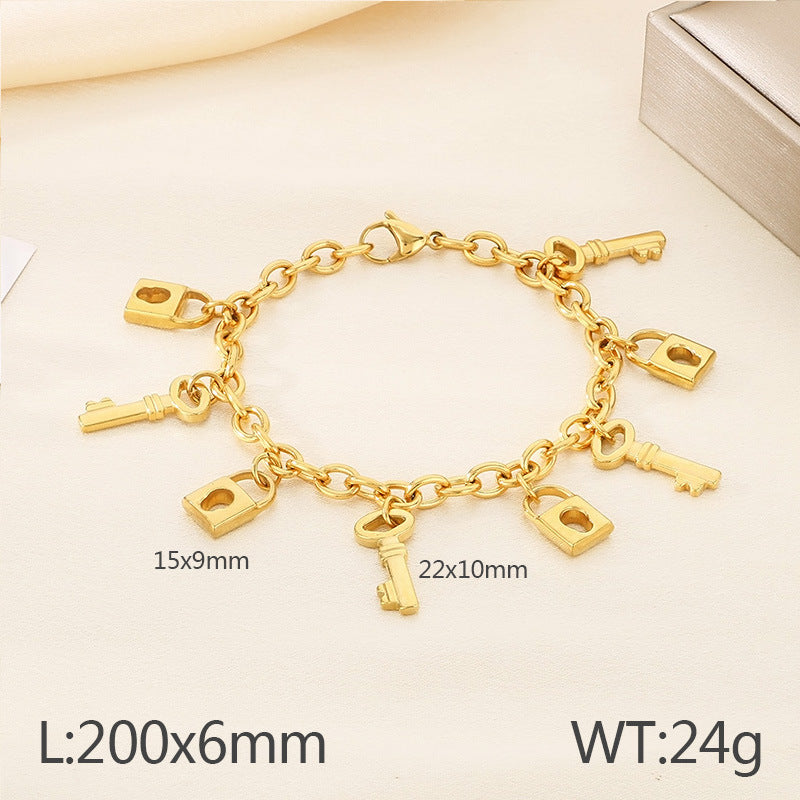 ins wind love element key lock tag pendant stainless steel bracelet trend retro titanium steel plated 18K gold jewelry