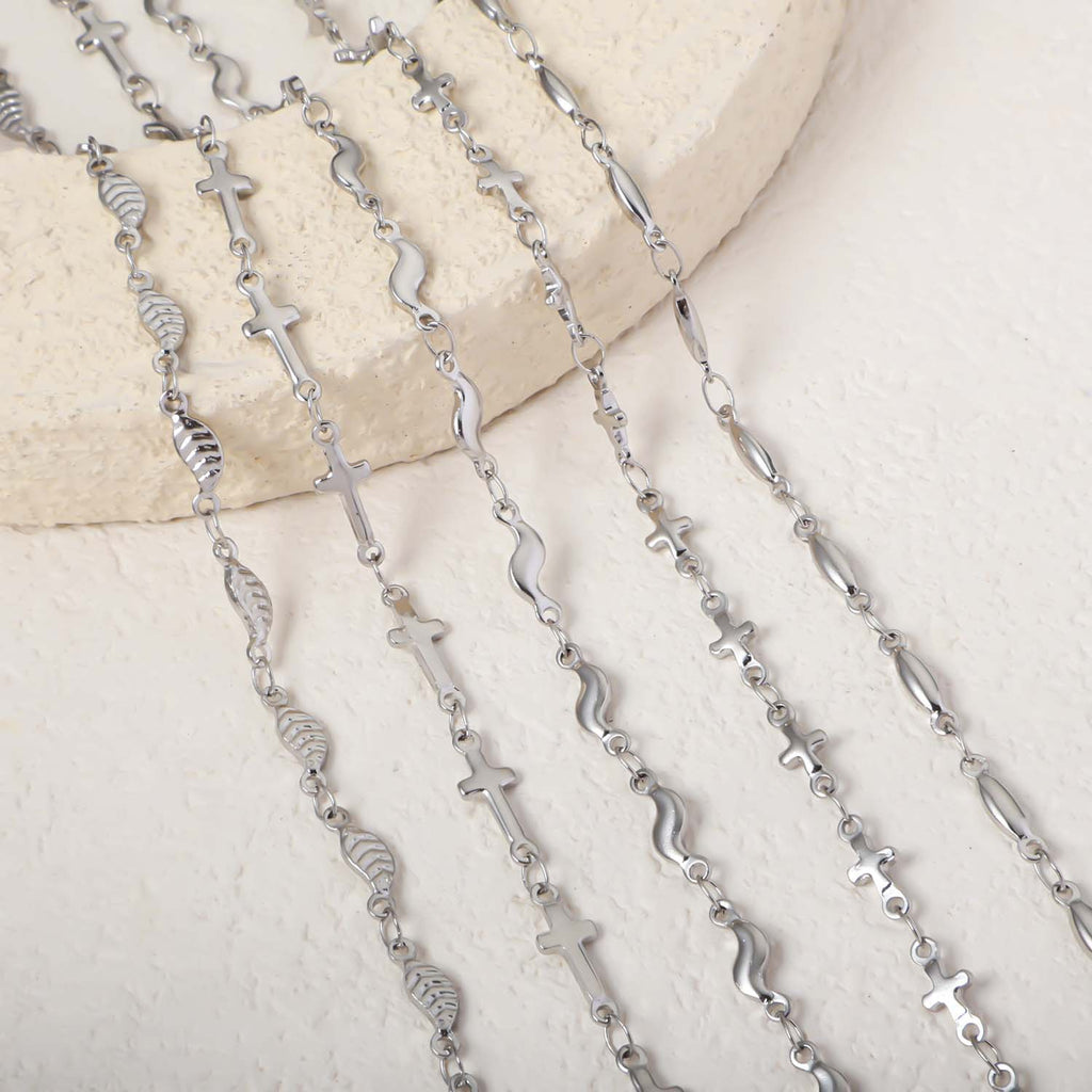 Cross-border stainless steel leaf wavy cross necklace, fashion creative DIY handmade chain jewelry accessories wholesale