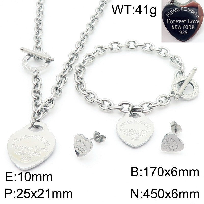 Gold Heart Charm Jewelry Set with Green Enamel Pendant