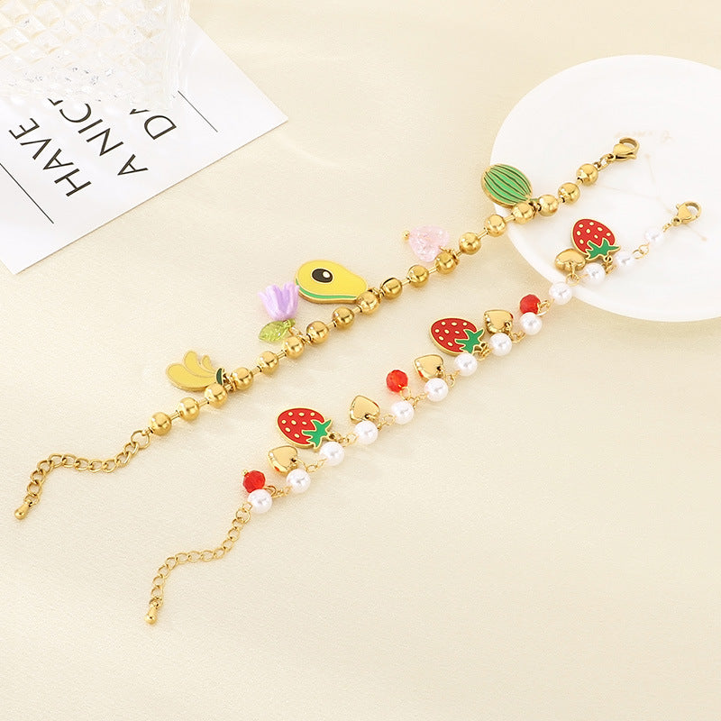 New stainless steel pastoral fruit series color drip glue strawberry avocado watermelon element pendant bracelet