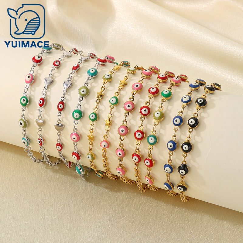 European and American fashion bohemian color resin devil's eye stainless steel anklet women's 18K titanium steel oval bracelet